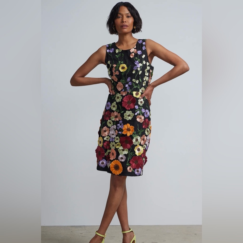 New York & Company Black Midi Dress with Multicolor Floral Embroidery